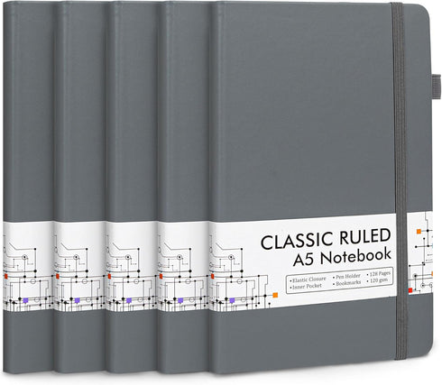 feela 5 Pack Journal Notebook, Bulk for School, Classic Ruled Lined Journals with Pen Holder, A5, Gray