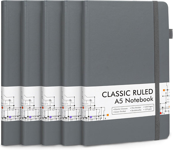 feela 5 Pack Journal Notebook, Bulk for School, Classic Ruled Lined Journals with Pen Holder, A5, Gray