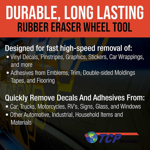 TCP Global Rubber Eraser Wheel with Drill Adapter - Adhesive Remover Tool for Autos, Trucks, RVs, and Signs