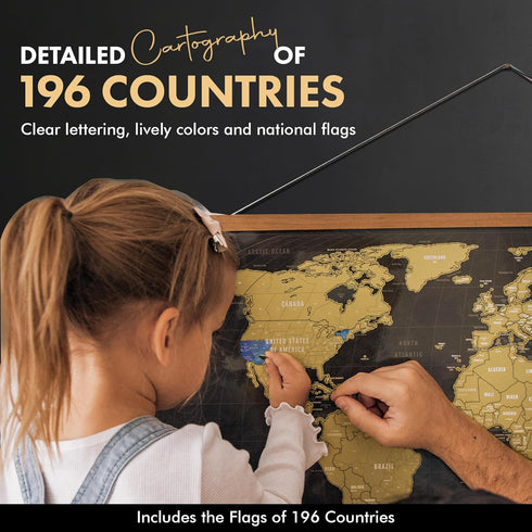 XL Scratch Off World Map 36" x 24" with 196 Country Flags - Vibrant Colors, Premium Gold Coating