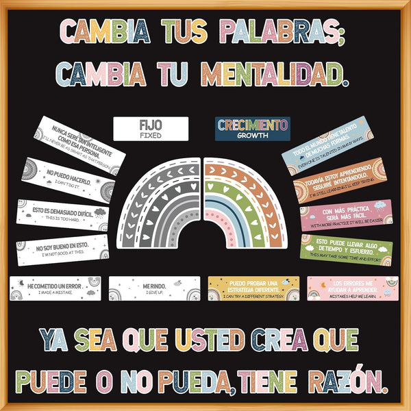 gisgfim 34 Pcs Spanish Boho Rainbow Growth Mindset Posters and Banners for Classroom Bulletin Board Decor