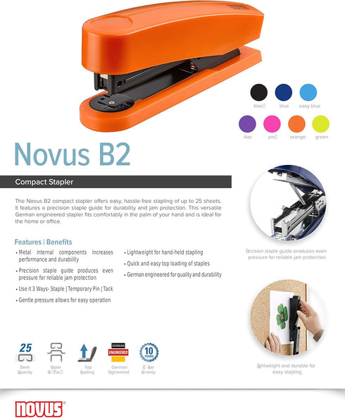 Novus B2 Compact Stapler, Easy Blue, 25 Sheet Capacity, Precision Staple Guide, German Engineered, 10 Year Warranty