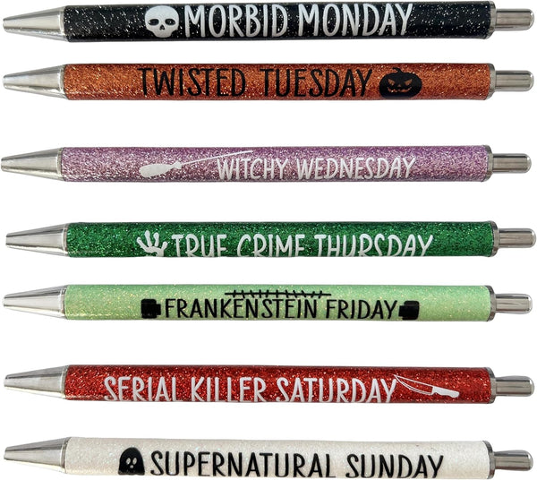 Jxueych 7Pcs Halloween Weekday Pens, Glitter Pens with Funny Sayings, Cute Gifts for Colleagues Office Supplies
