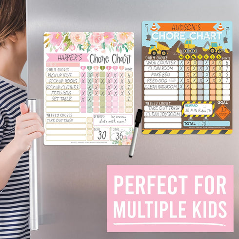 Magnetic Chore Chart for Kids, Good Behavior Dry Erase Daily Weekly Responsibility List, Floral Chore Board