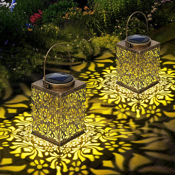 2 Pack Bronze Solar Lanterns - Waterproof Metal Hanging Solar Lights Outdoor