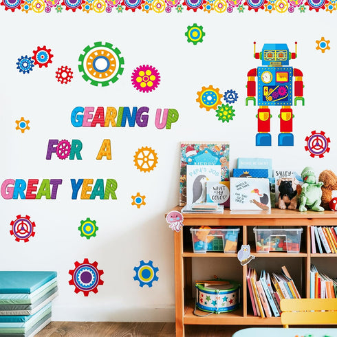 Fulmoon 52 Pcs Gear Bulletin Board Set, Classroom Robot Wall Decoration for Science Themed Back to School Party