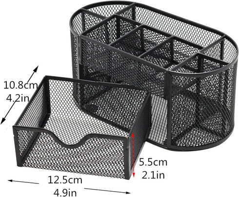 Black Mesh Desk Organizer, 9 Compartments with Drawer, Multifunctional Office Supplies Caddy for Desk Organization