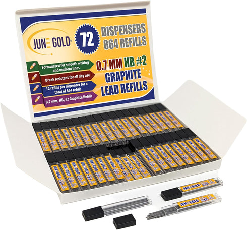 June Gold 864 Pieces, 0.7mm HB #2 Lead Refills, 72 Dispensers, Medium Thickness