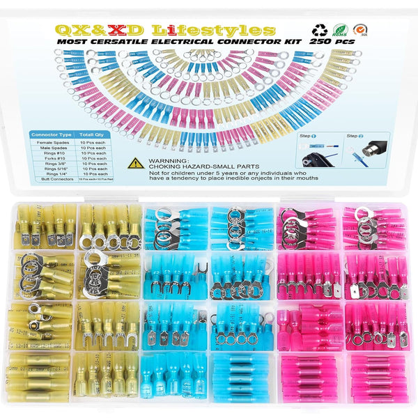 250PCS Heat Shrink Wire Connectors, Waterproof Electrical Terminals Kit for Automotive Marine, Tinned Red Copper