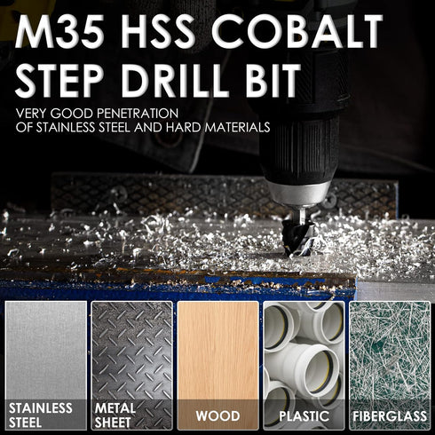 M35 Cobalt Step Drill Bit - Four Spiral Flute Unibit (1/4"-3/4") Wear-Resistant TiAlN Coated for Metal