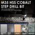 M35 Cobalt Step Drill Bit, Four Spiral Flute Unibit (3/16"-7/8"), Wear-Resistant TiAlN Coated, 1/4" Hex Shank