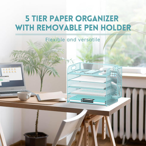 SUPEASY 5 Tier Desk Organizer with Handle & Removable Pen Holders, Blue Mesh Paper/File Organizer for Desk
