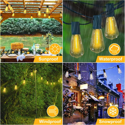 100 52 Bulbs(2 Outdoor LED String Lights with Feet Edison Plastic Spare), Waterproof Hanging Lights for Patio Backyard