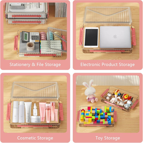 SAYEEC Clear File Storage Box, Portable Project Case with Handle, Stackable Flat Storage Bin for A4 Paper