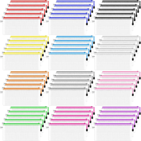 Smarpau 60 Pcs Pencil Pouch, 12 Colors 9.3" x 4.7" Small Mesh Zipper Pouches, Waterproof Zipper Pencil Bags for