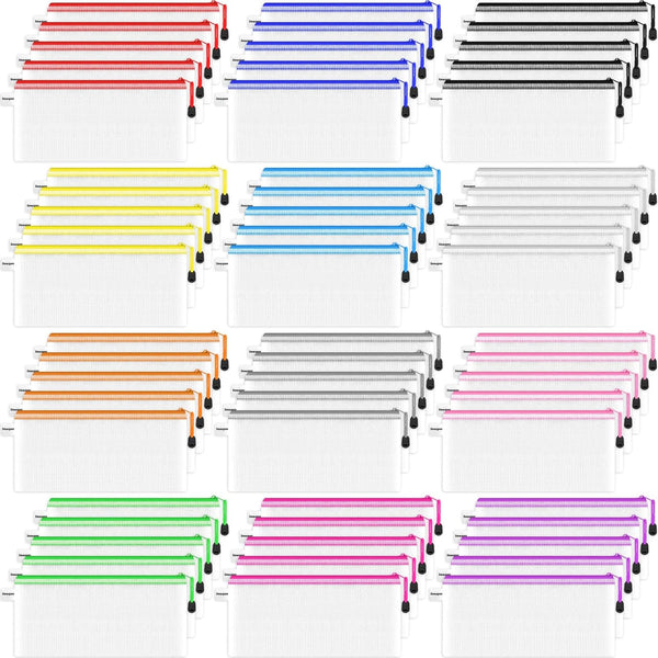 Smarpau 60 Pcs Pencil Pouch, 12 Colors 9.3" x 4.7" Small Mesh Zipper Pouches, Waterproof Zipper Pencil Bags for