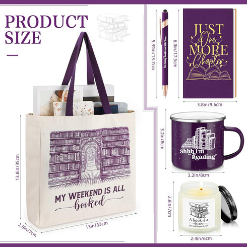 Set of 5 Book Lovers Gifts for Library Lovers' Day Include Canvas Tote Bag A6 Journal Notebook with Ballpoint Pen 12 oz Enamel Mug Scented Candle for Graduation Teacher Reader Gifts(Purple) by Jetec