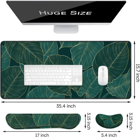 Large Mouse Pad with Wrist Support Set of 3, Memory Foam Keyboard Wrist Rest + XXL Extended Gaming Mouse Pad + Mouse Wrist Pad, Ergonomic Desk Pad for Women Men, Teal Beach Palm Tree Leaves