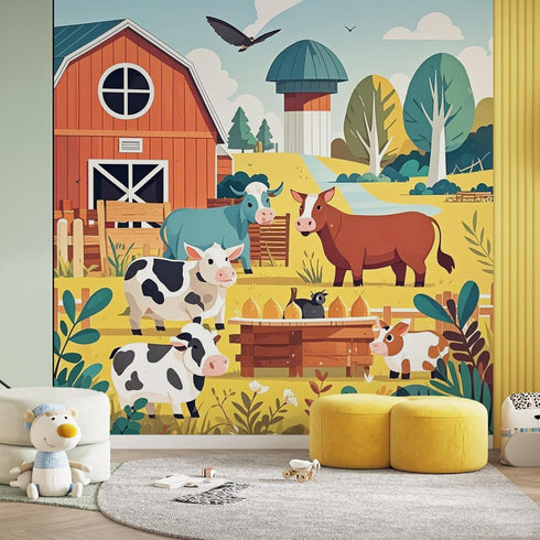 MazoAzuria Farm Animal Wall Mural, Dairy Cow Wallpaper for Bedroom, Farmhouse Mural for Living Room Dining Room Home