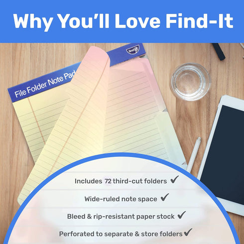 Find It File Folder Notepad, Pack of 72, 9.5 x 12.5 Inch Notebook Organizer Folders for Filing, Rainbow
