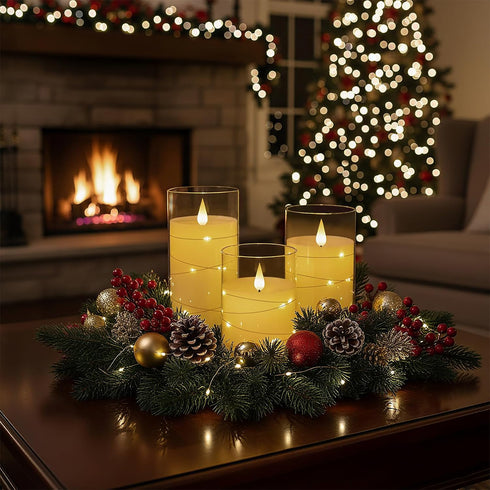 Set 3, Homemory Flickering Flameless Candles with String Lights, Battery Operated Candles, Embedded String Lights LED