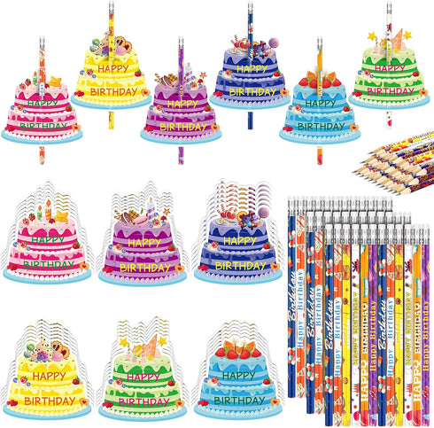 Panelee 72 Pcs Happy Birthday Pencils and Greeting Cards Set, Colorful Printed Birthday Pencils with Erasers