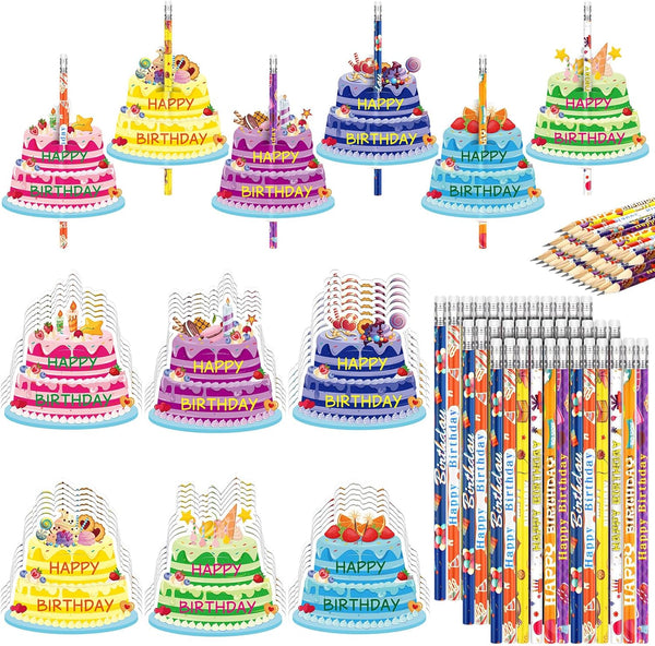 Panelee 72 Pcs Happy Birthday Pencils and Greeting Cards Set, Colorful Printed Birthday Pencils with Erasers