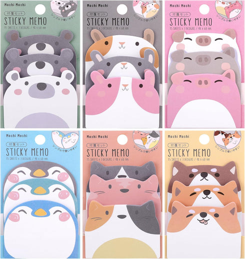 Cute Sticky Notes, 6 Pack 270 Sheets Kawaii Cartoon Animal Sticky Notes, Self-Stick Memo Pads for School