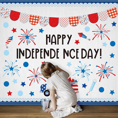 JarThenaAMCS 74Pcs Happy Independence Day Bulletin Board Kit - Patriotic Red Blue Star Truck Fireworks Cutouts
