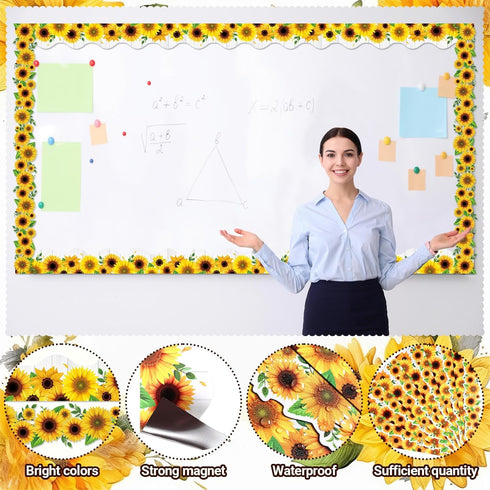 Capoda 24 Pcs Rustic Farmhouse White Wood Magnetic Borders for Classroom Whiteboard Summer Sunflower Trim Decorations