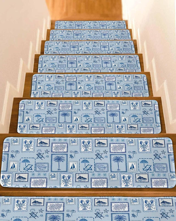 BOHOOSKYLAR Coastal Vacation Stair Treads Blue White Summer Coconut Trees Lobster Plaid Indoor