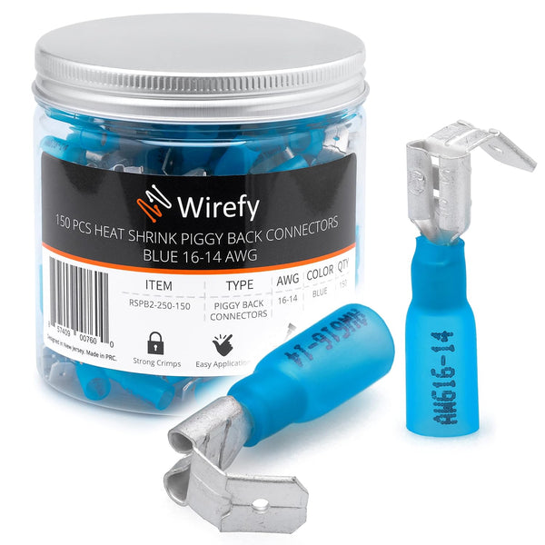 Wirefy 150 PCS Heat Shrink Piggyback Spade Connectors - 3 Way Quick Disconnect Terminals, Blue 16-14 AWG