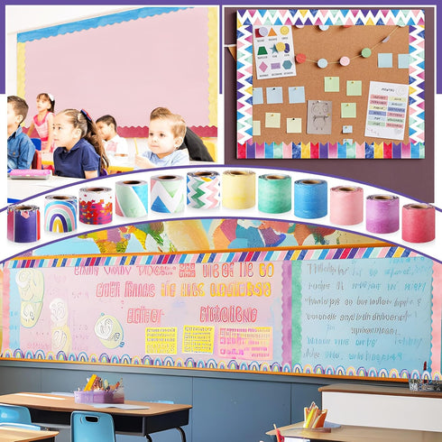 Qilery 12 Rolls 394 ft Classroom Border Sets for Bulletin Board, Scalloped Bulletin Trim for Decoration
