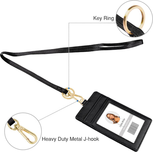 Azrra Lanyards for ID Badges, Vertical PU Leather Badge Holder with 1 ID Holder and 4 Credit Card Slots, Black