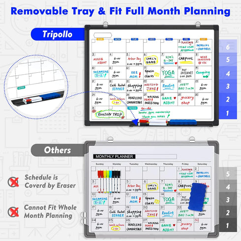 TRIPOLLO Dry Erase Calendar Whiteboard for Wall, 24" x 18" Magnetic Monthly Calendar with Black Aluminum Frame