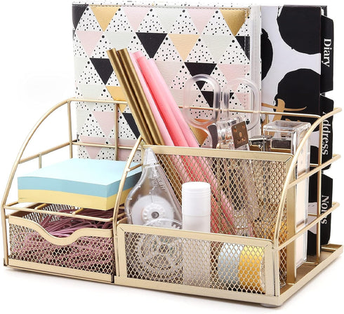 Exerz Golden Desk Organizer, Office Desk Accessories Supplies with Drawer for Pencil and Pen Storage