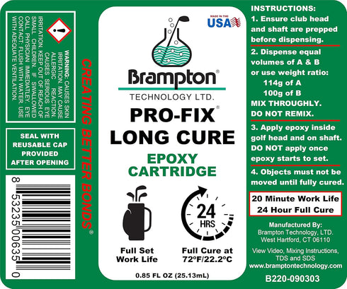 Brampton PRO-FIX Long Cure Golf Epoxy - Extra Strength Full Set Work Life for All Shafts, Heads, Drivers