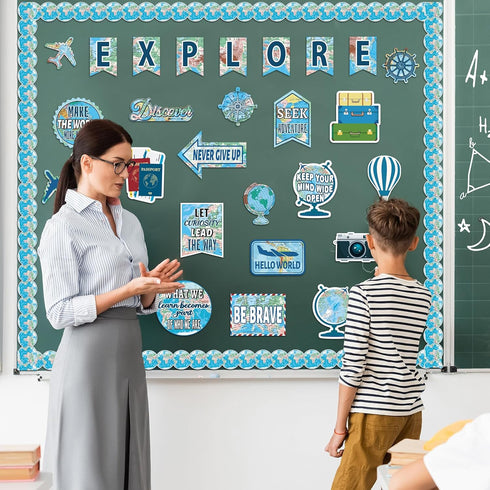 gisgfim Travel the Map Bulletin Board Set - Motivational Sign Cutouts, World Map Adventure Decor for Classroom