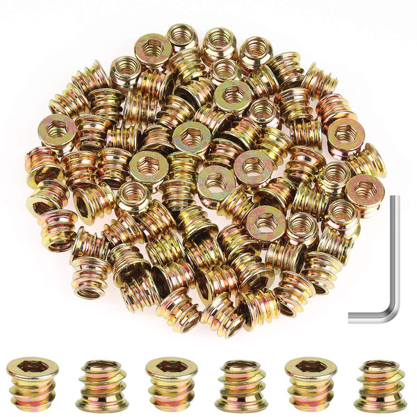 90 Pieces 1/4"-20 x 10mm Furniture Insert Nut - Hex Socket Threaded Insert Nuts with a Hex Wrench