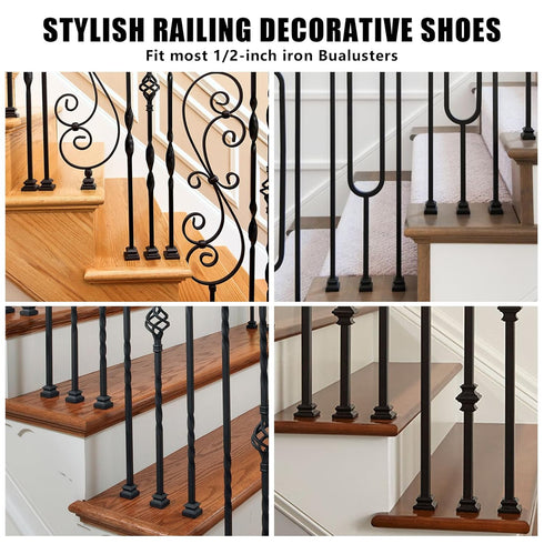 Iron Balusters Flat Shoes, Aluminum Alloy Staircase Shoes for 5/8 Inch Square Interior Balusters, Satin Black - Set of
