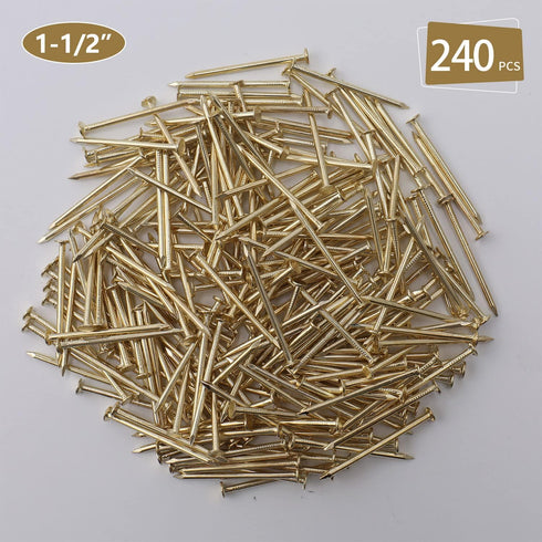 240pcs Brass Plated Wood Nails, 1-1/2” × 14 Ga for Hanging Wall Decor, Finishing, Picture Hanging, Wall, Roofing Nails