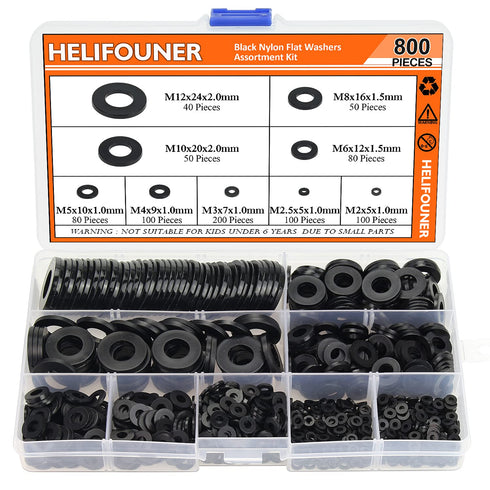 800 Pieces Black Nylon Flat Washers Assortment Kit - 9 Sizes M2 M2.5 M3 M4 M5 M6 M8 M10 M12 (Not Rubber Washer)