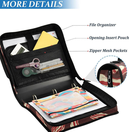 Fisyme 3 Bacon Pattern Zipper Binder Ring with Zipper and Shoulder Strap Large Capacity Multi-Pocket Binder Organizer
