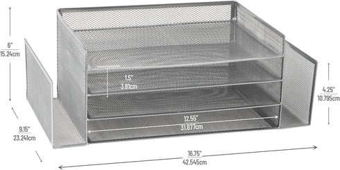 Mind Reader Desktop Organizer, File Storage, Paper Tray, Metal Mesh, 16.75"L x 9.15"W x 6"H, Silver