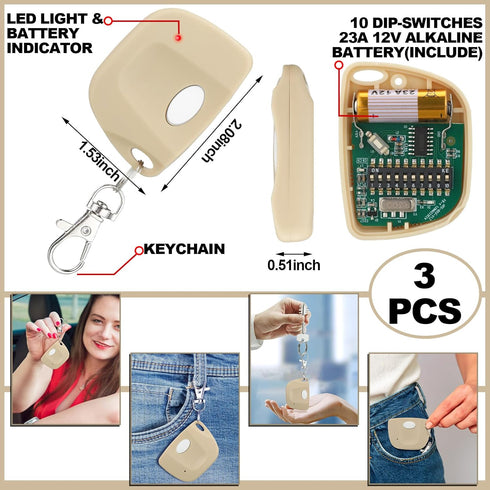 Kingdder 3 Pieces Garage Door Remote with Keychain, Compatible for Multicode 300mhz Gate Opener (Beige, White)