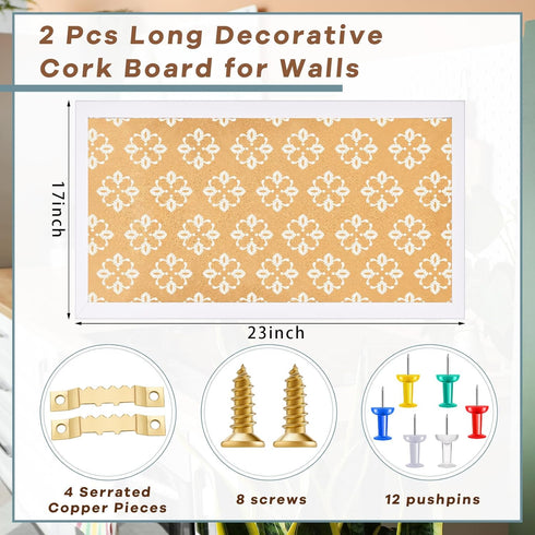 Sintuff 2 Pcs Framed Bulletin Board, Long Decorative Cork Board for Walls, Floral Print Vision Board
