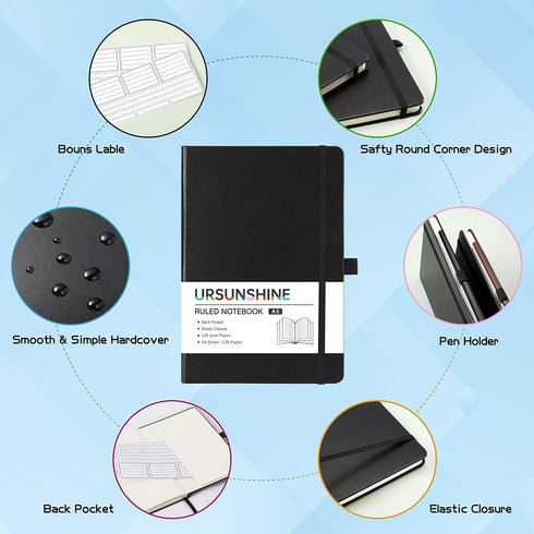 Ruled Notebook/Journal - Classic Lined, 5.3" x 8.26", Hardcover with Thick Paper, Banded + Pen Holder