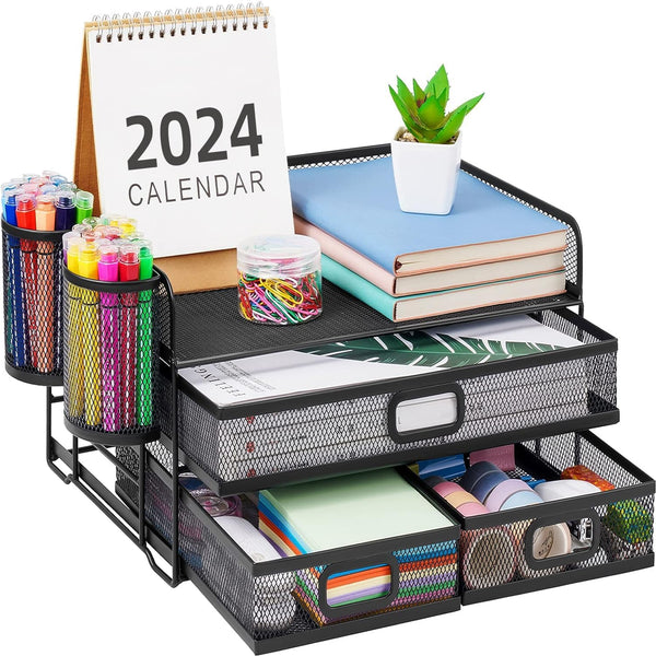 Marbrasse 3 Tier Mesh Desk Organizer - Black Multi-Functional Organizer with Drawer, Paper Letter Organizer & 2 Pen