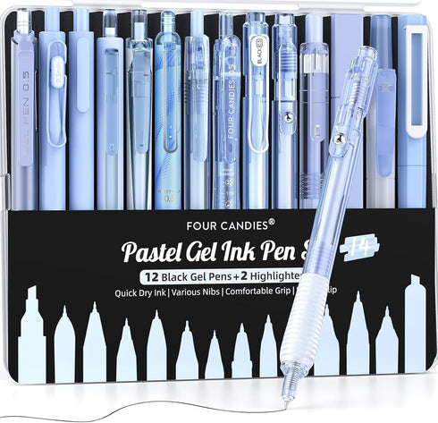 Four Candies 14-Pack Pastel Gel Ink Pen Set, Cute 0.5mm Fine Point Pens, 12 Pack Black Ink Pens with 2 Pack Highlighter