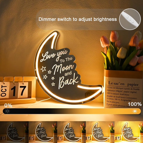 5V Dimmer 15.75 Britrio LED Moon Neon Light Sign, Love You To the Moon And Back Mirror Neon Wall Decor for Party Girls